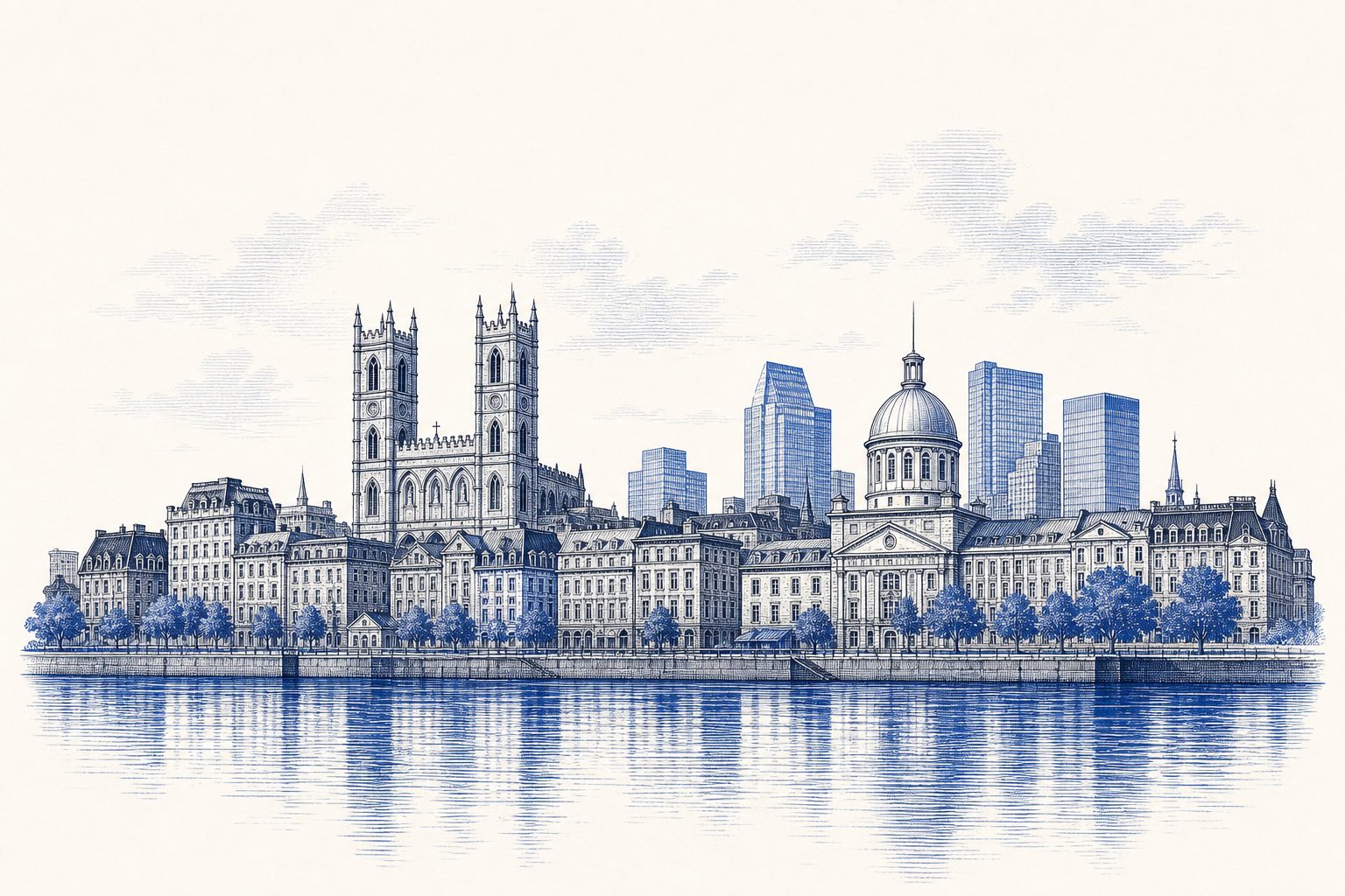 Engraved illustration of Old Montréal, from Notre-Dame basilica to modern towers